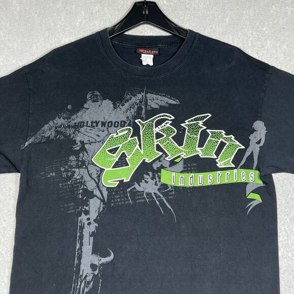 VTG Skin Industries Shirt Men’s Large Black Y2K Gothic BaGrunge AOP Double-Sided - Picture 2 of 10